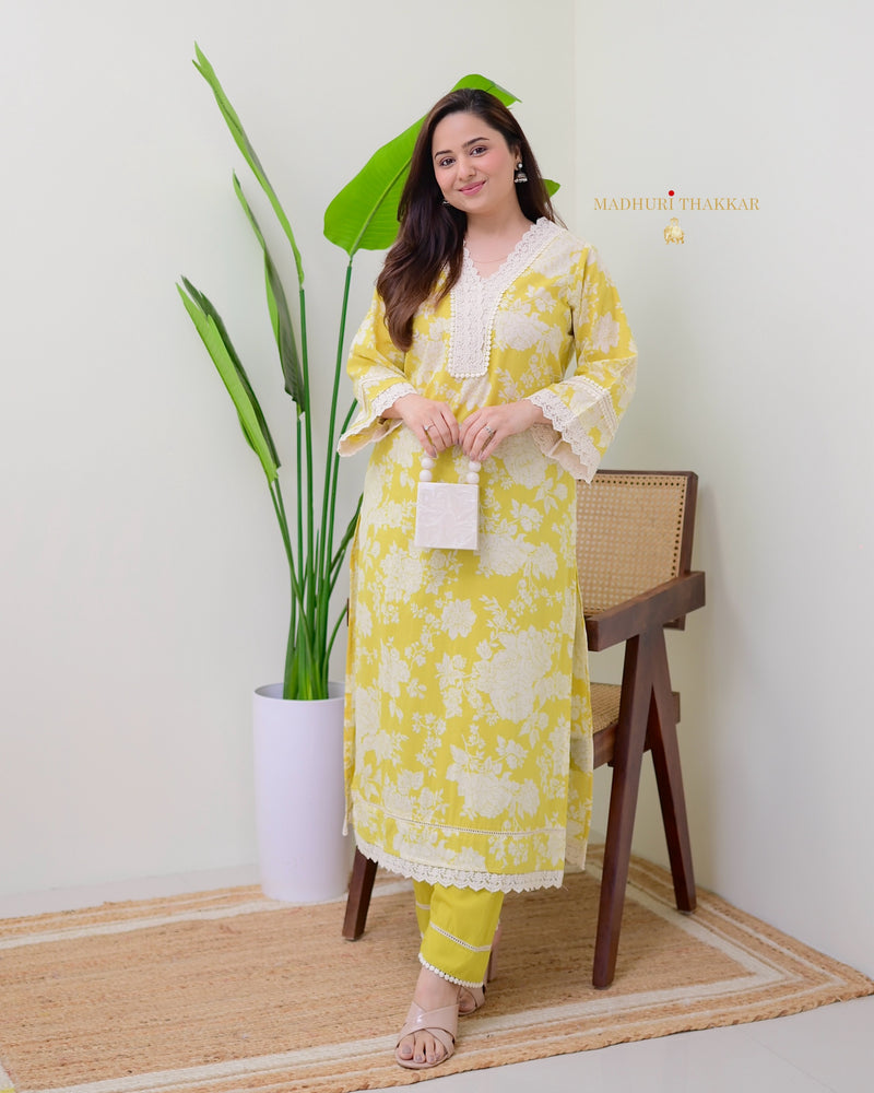 Yellow Pakistani Floral Cotton Kurta Set