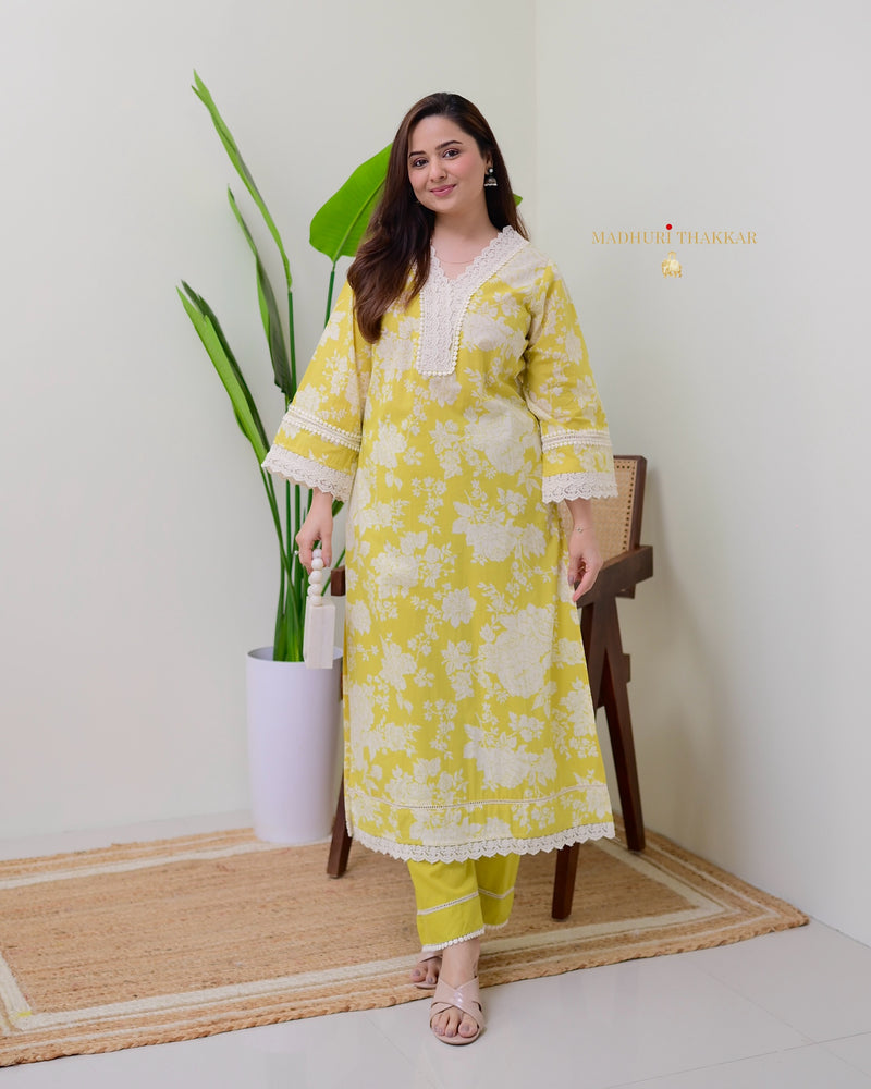 Yellow Pakistani Floral Cotton Kurta Set