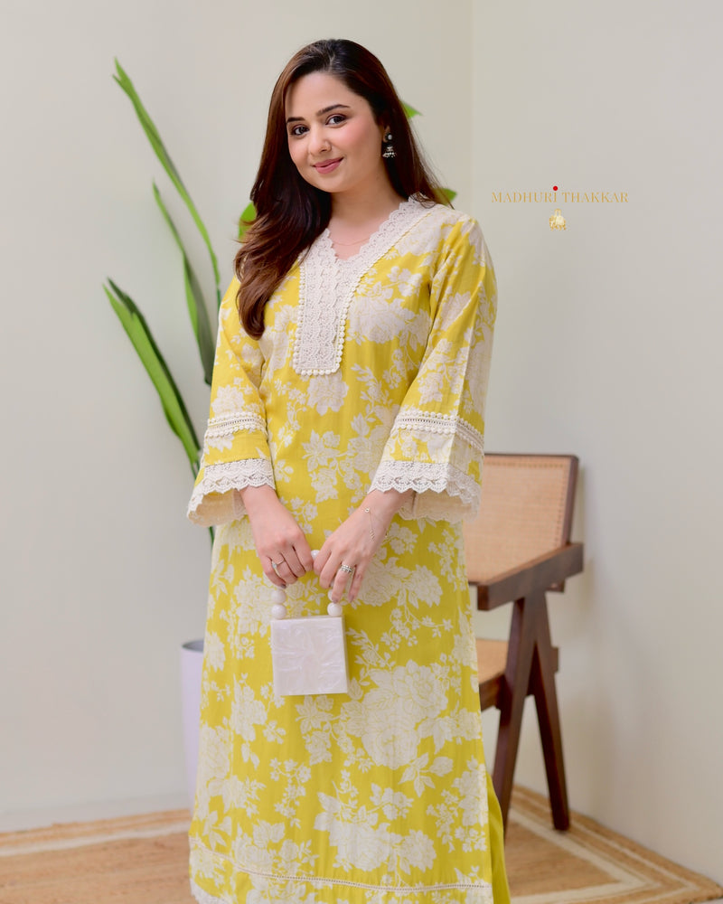 Yellow Pakistani Floral Cotton Kurta Set