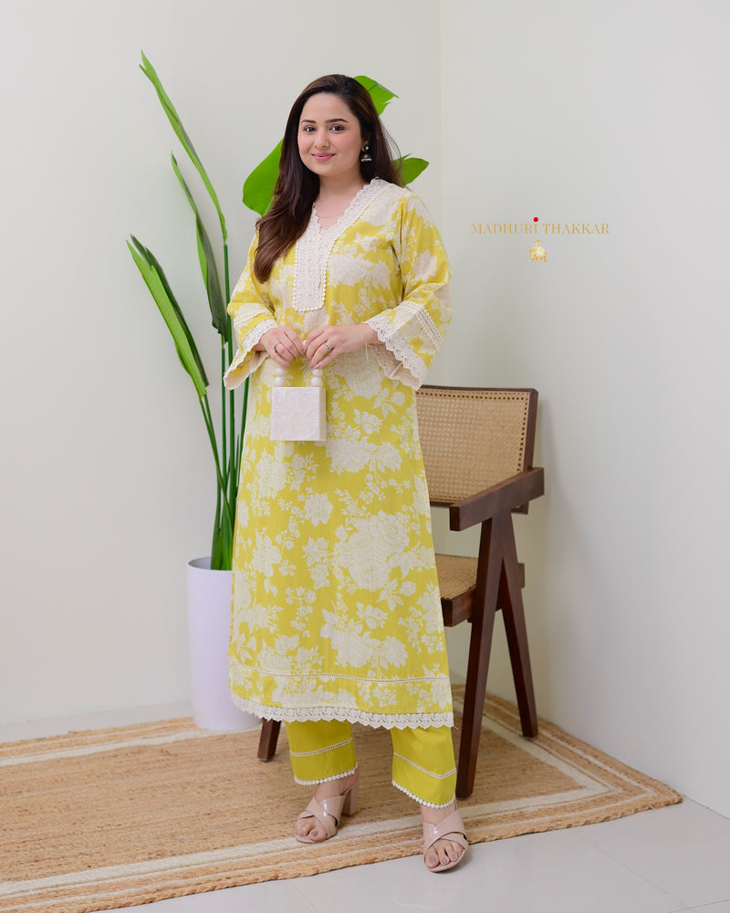 Yellow Pakistani Floral Cotton Kurta Set