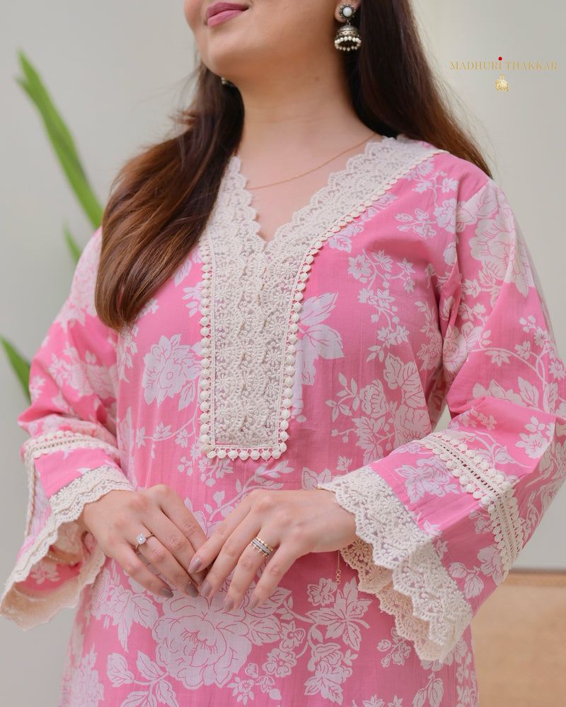 Pink Pakistani Floral Cotton Kurta Set