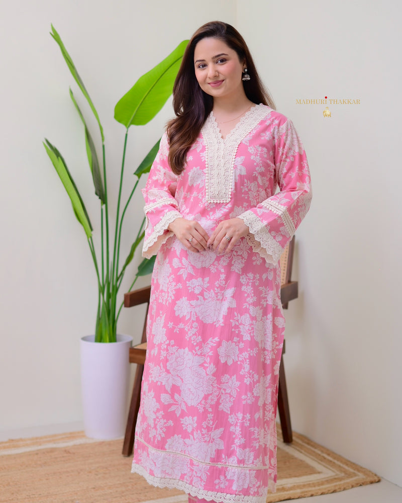 Pink Pakistani Floral Cotton Kurta Set