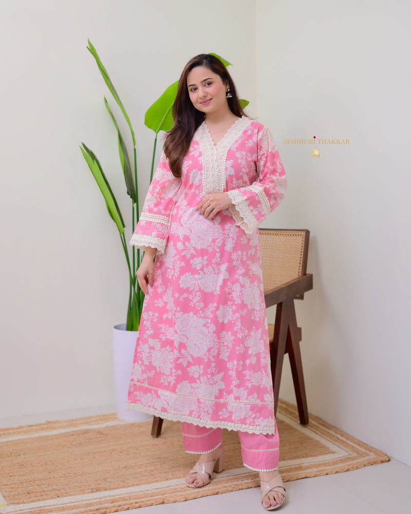 Pink Pakistani Floral Cotton Kurta Set