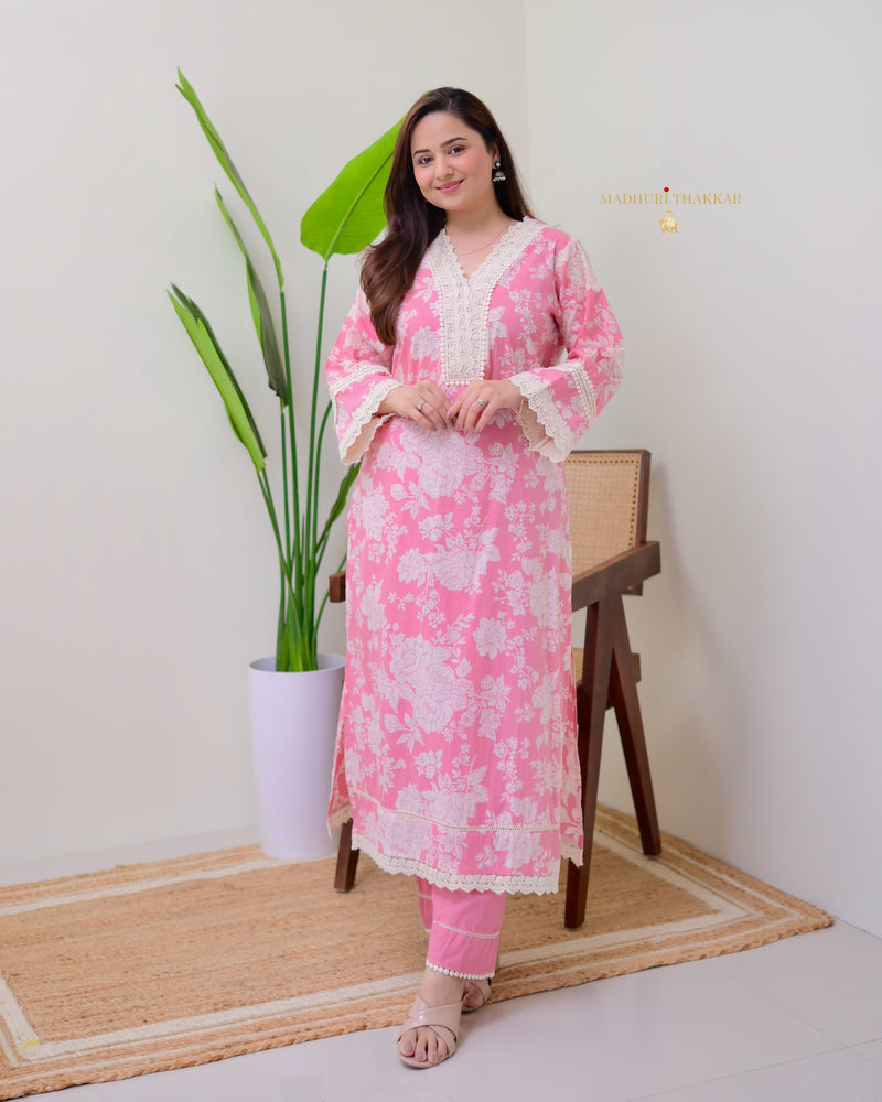 Pink Pakistani Floral Cotton Kurta Set