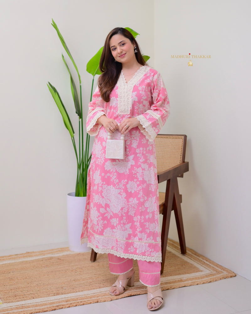 Pink Pakistani Floral Cotton Kurta Set