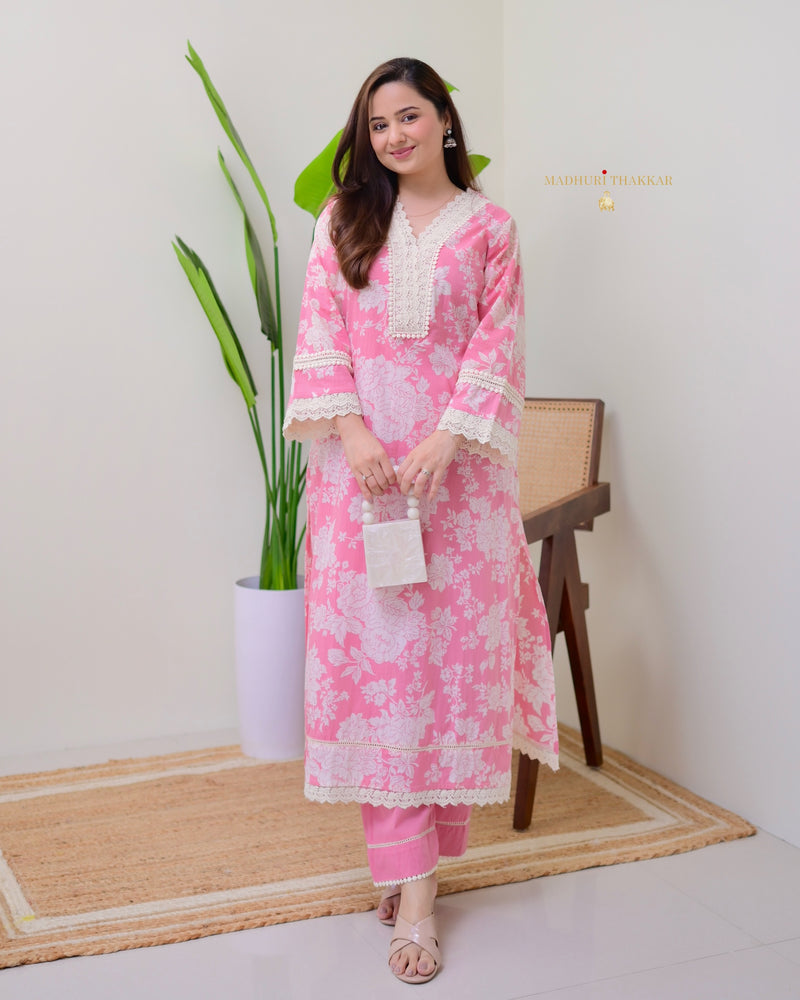 Pink Pakistani Floral Cotton Kurta Set