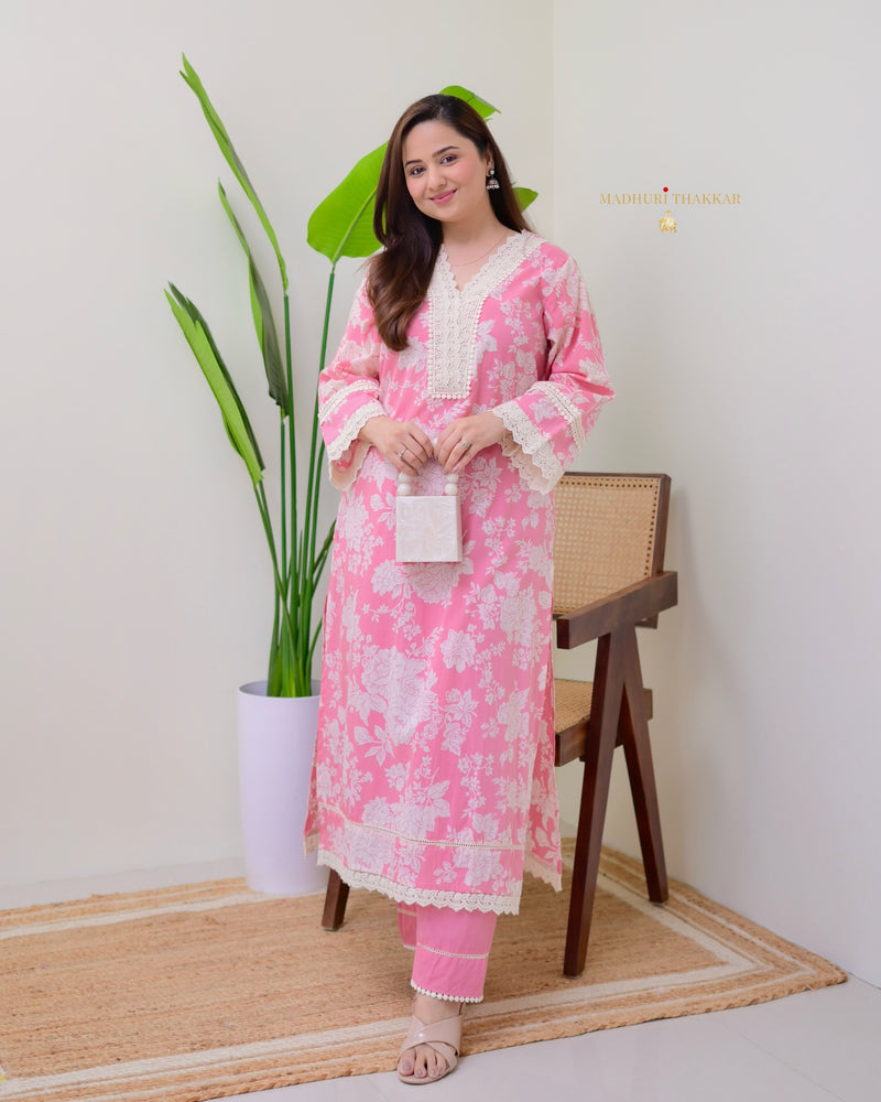 Pink Pakistani Floral Cotton Kurta Set