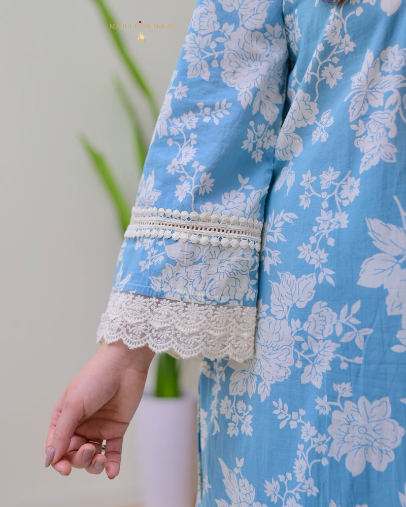 Blue Pakistani Floral Cotton Kurta Set