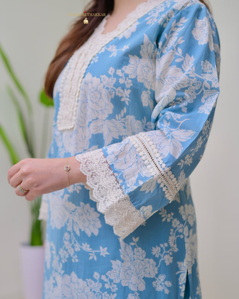 Blue Pakistani Floral Cotton Kurta Set