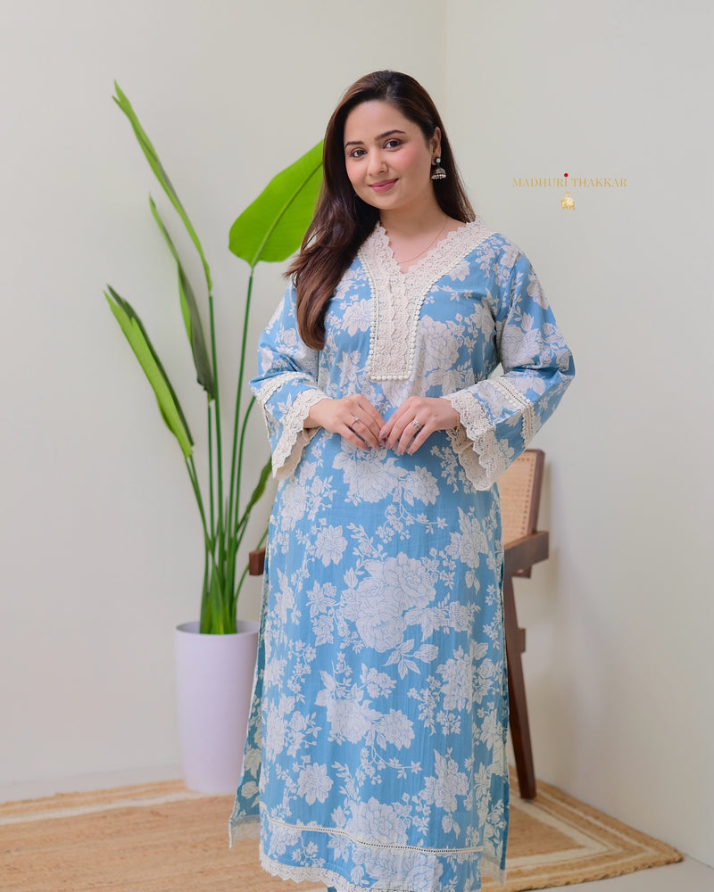 Blue Pakistani Floral Cotton Kurta Set