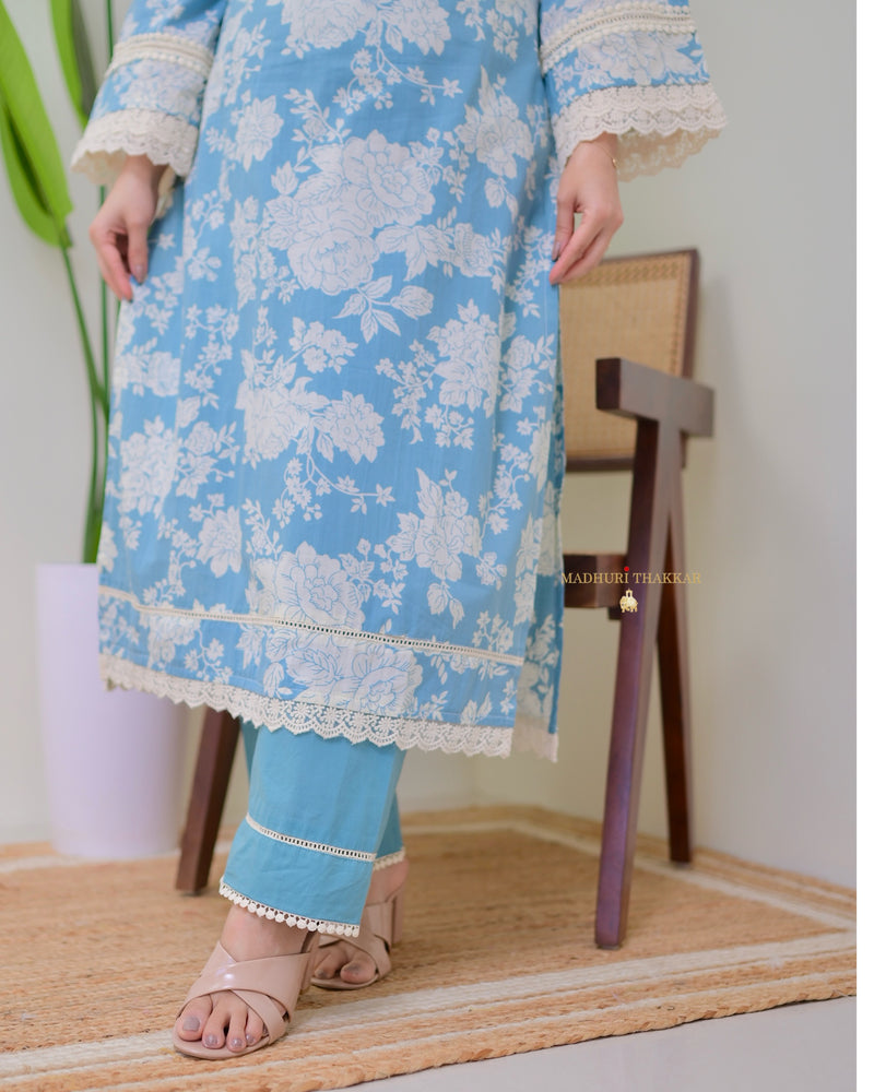 Blue Pakistani Floral Cotton Kurta Set