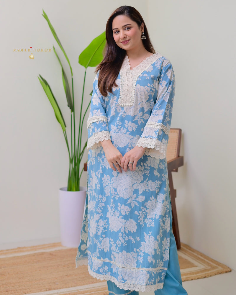 Blue Pakistani Floral Cotton Kurta Set