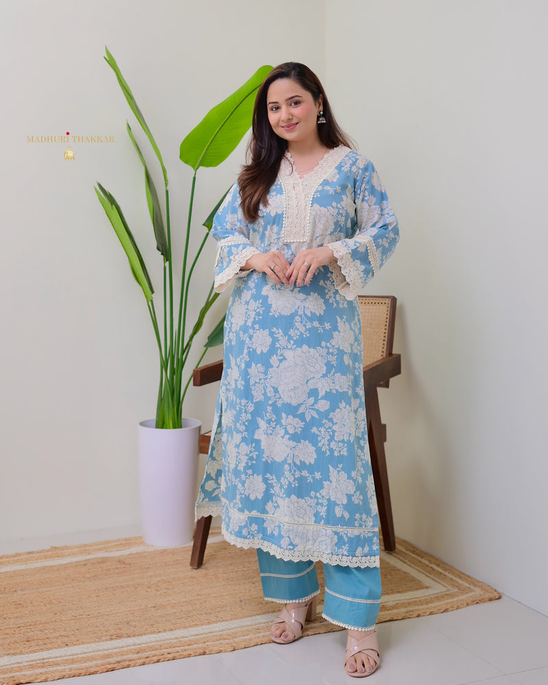 Blue Pakistani Floral Cotton Kurta Set