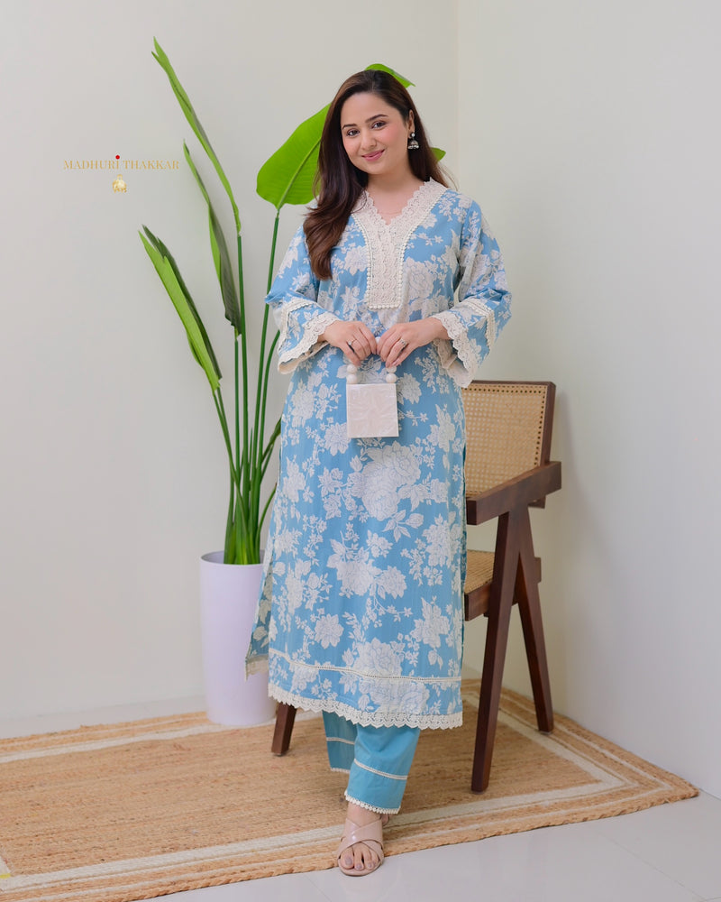 Blue Pakistani Floral Cotton Kurta Set