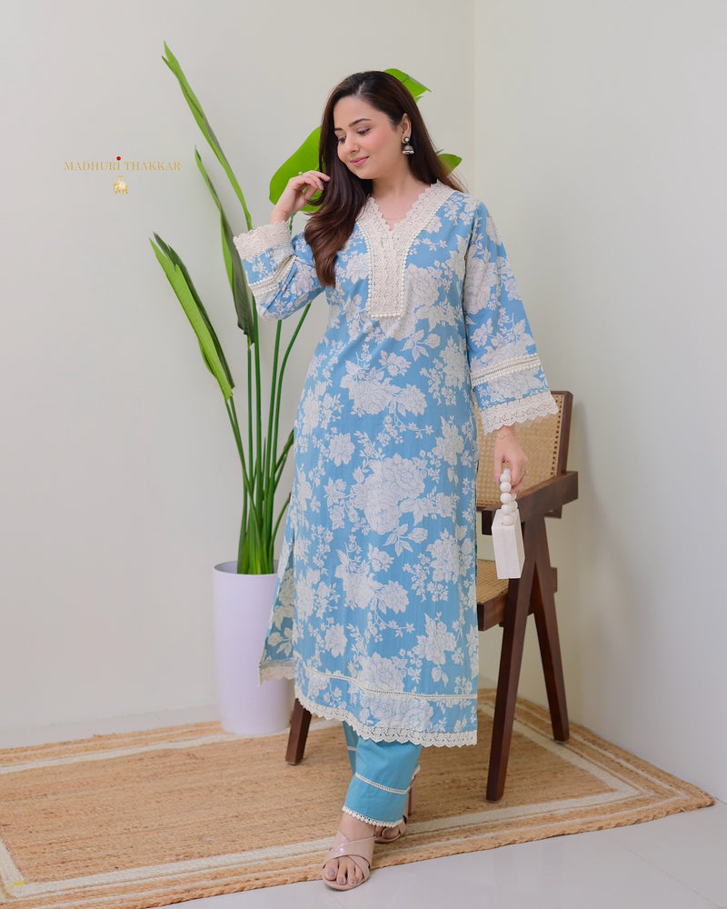 Blue Pakistani Floral Cotton Kurta Set