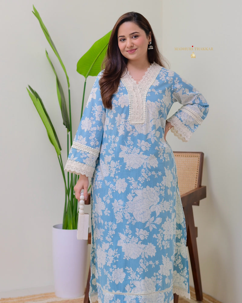 Blue Pakistani Floral Cotton Kurta Set