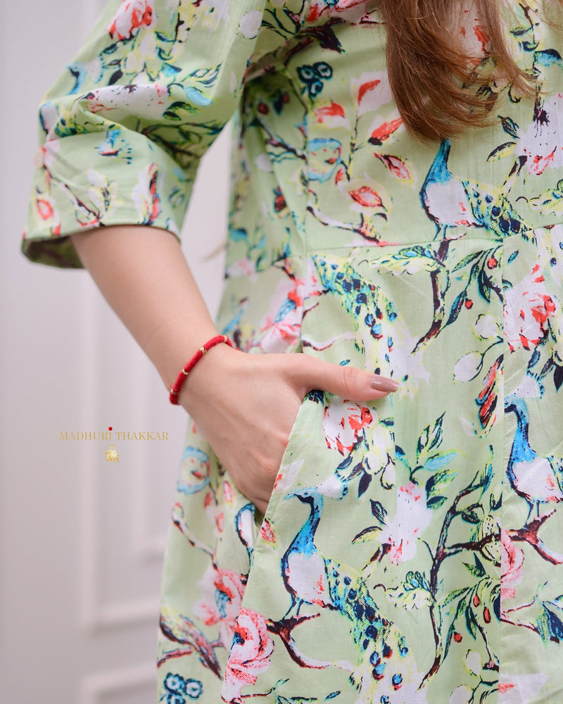 Pastel Green Floral Cotton A Line Dress