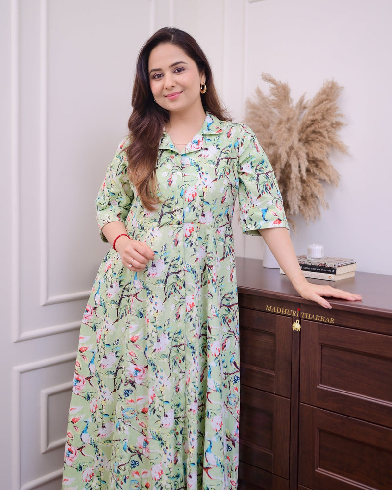 Pastel Green Floral Cotton A Line Dress