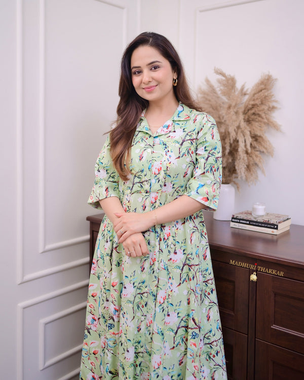 Pastel Green Floral Cotton A Line Dress