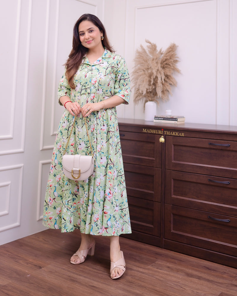 Pastel Green Floral Cotton A Line Dress