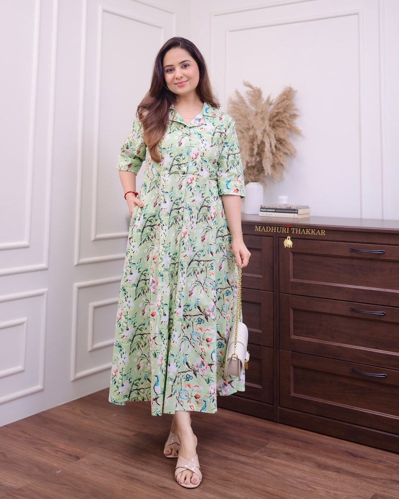 Pastel Green Floral Cotton A Line Dress