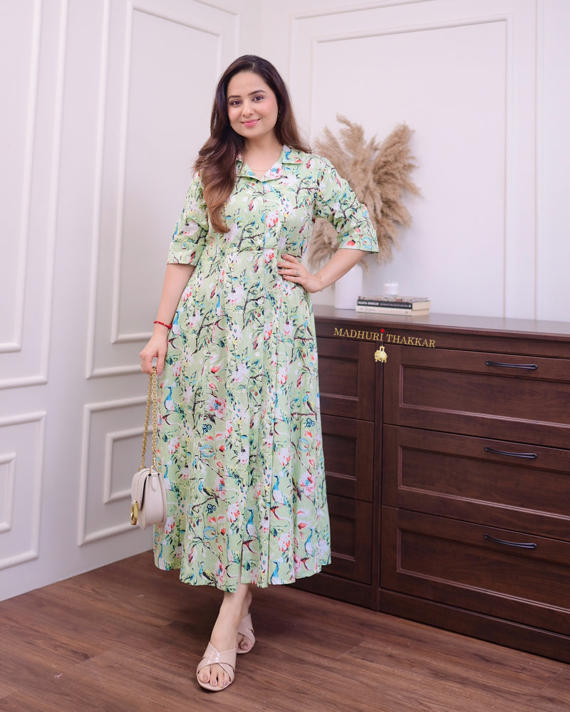 Pastel Green Floral Cotton A Line Dress