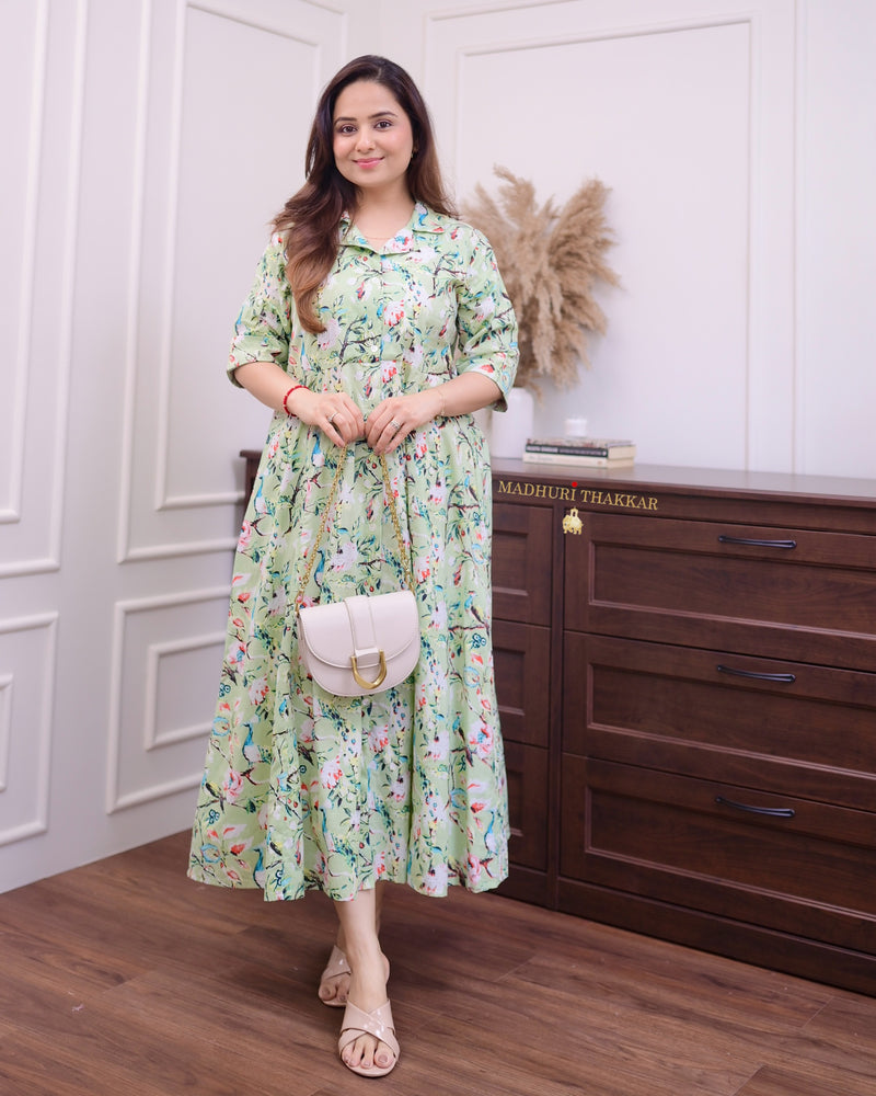 Pastel Green Floral Cotton A Line Dress