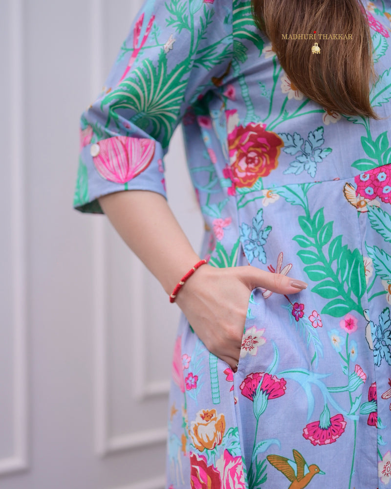 Powder Blue Multi Floral Cotton A Line Dress