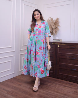 Powder Blue Multi Floral Cotton A Line Dress