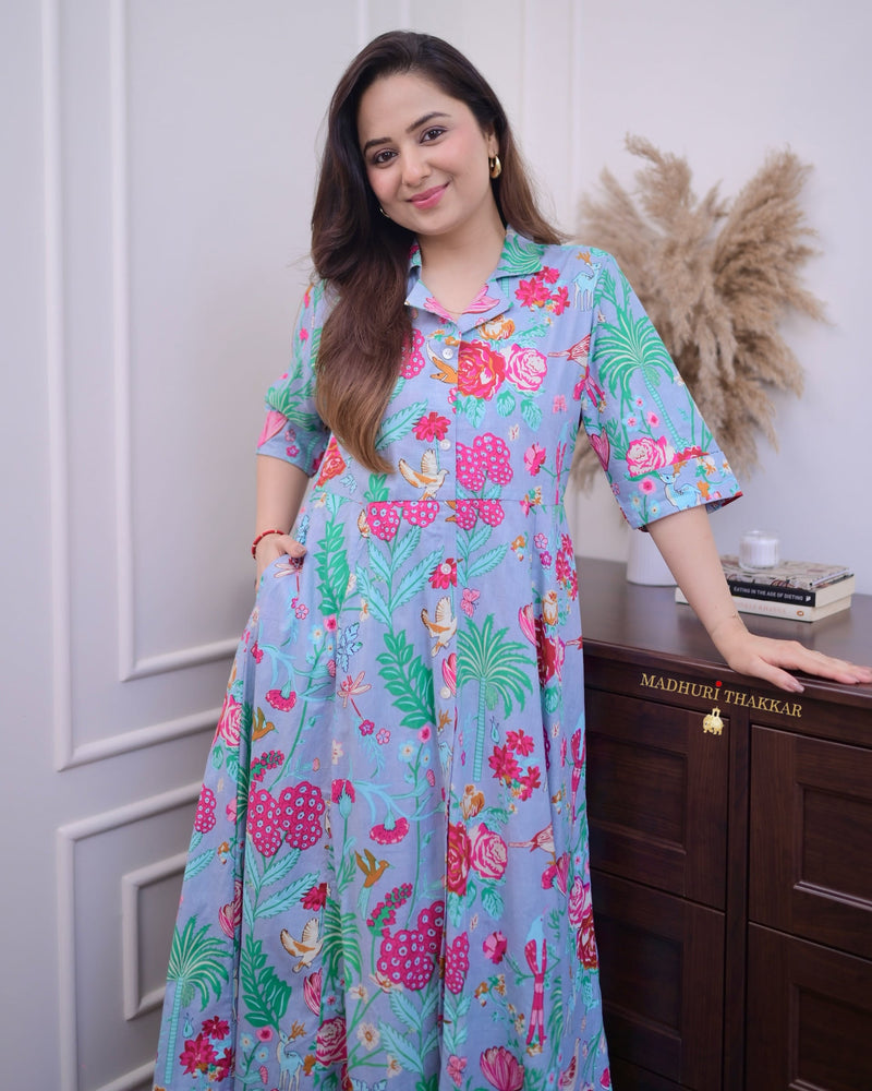 Powder Blue Multi Floral Cotton A Line Dress