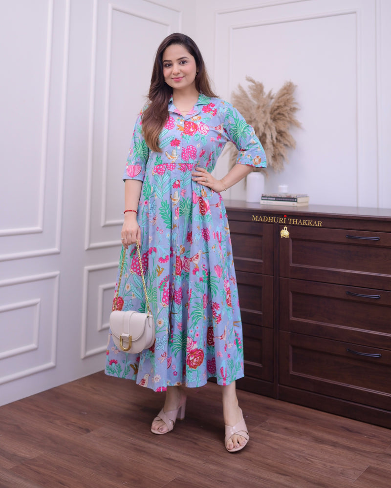 Powder Blue Multi Floral Cotton A Line Dress