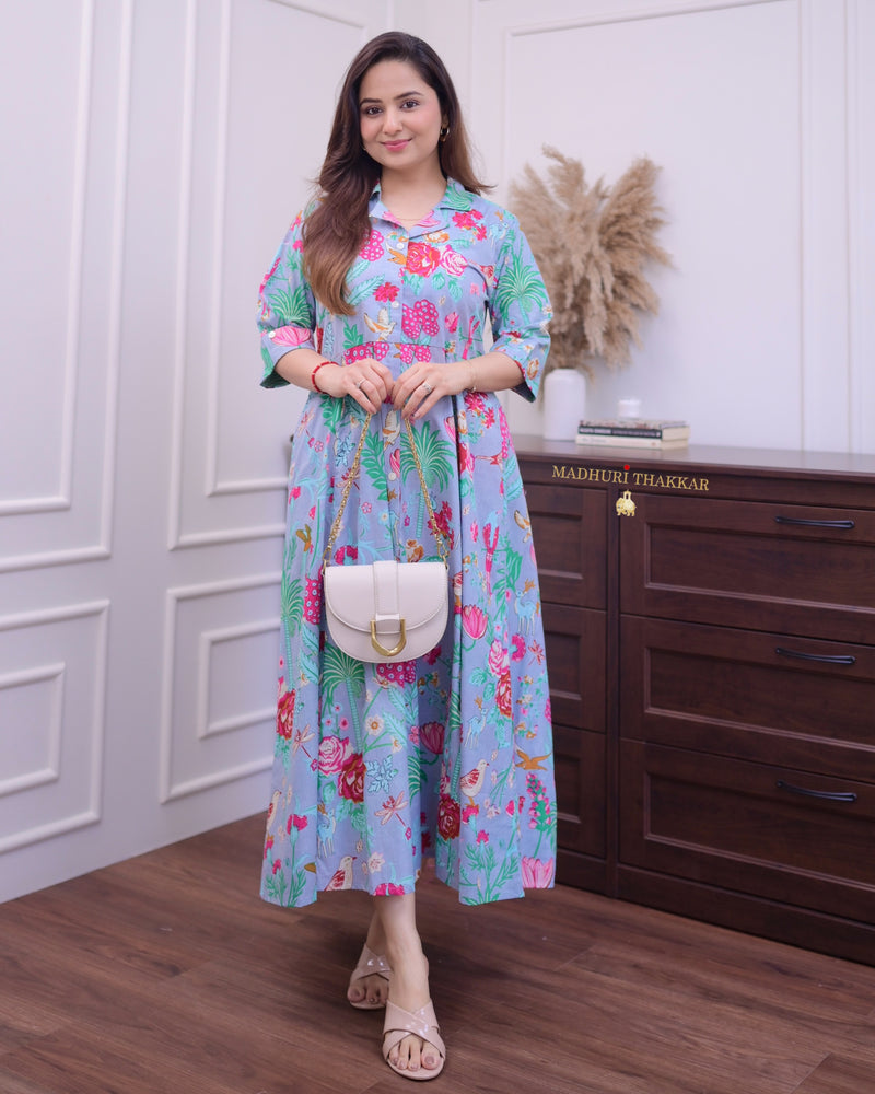 Powder Blue Multi Floral Cotton A Line Dress