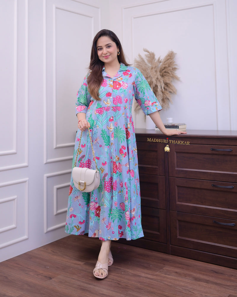 Powder Blue Multi Floral Cotton A Line Dress