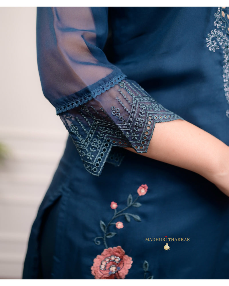 Navy Blue Organza Pakistani Embroidered Suit