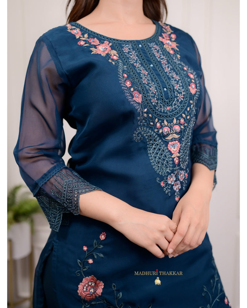 Navy Blue Organza Pakistani Embroidered Suit