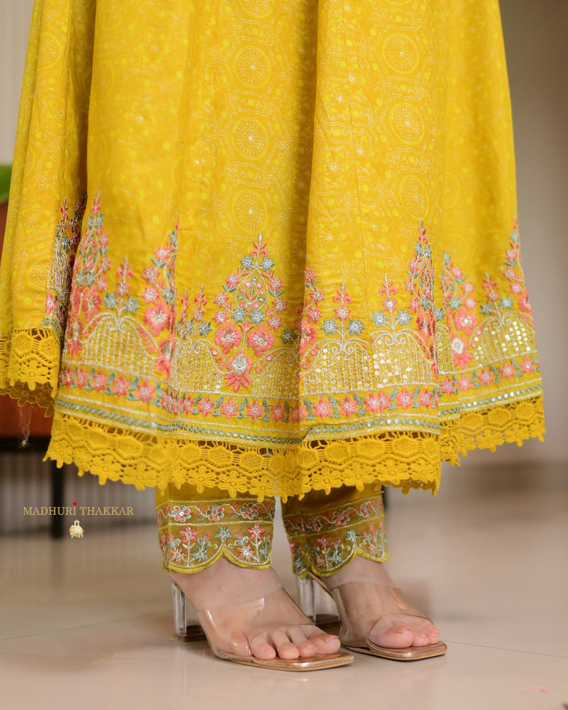 Yellow Threadwork Festive Anarkali Suit