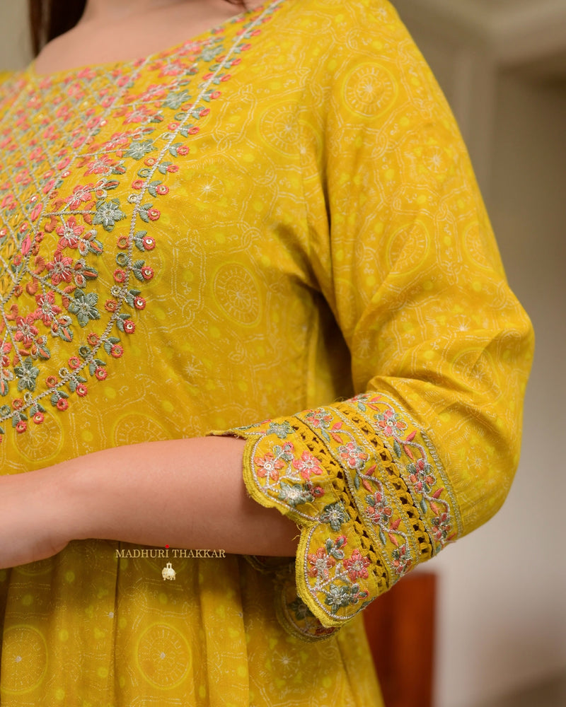 Yellow Threadwork Festive Anarkali Suit