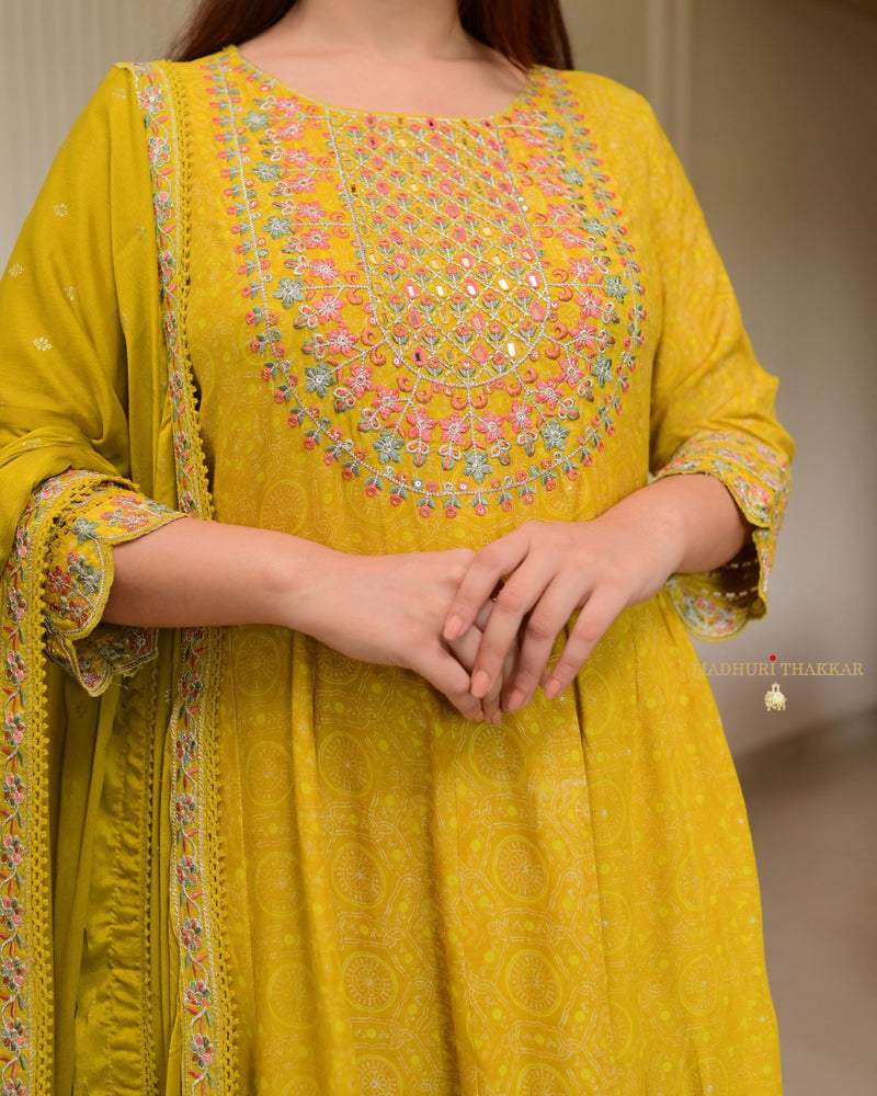 Yellow Threadwork Festive Anarkali Suit