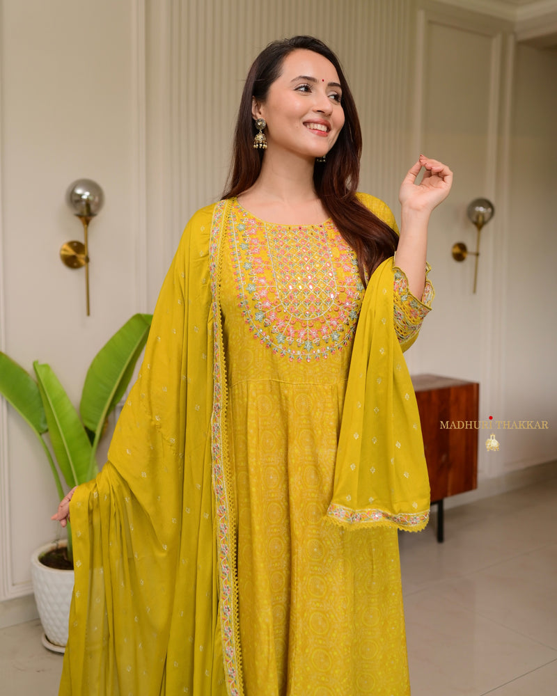 Yellow Threadwork Festive Anarkali Suit