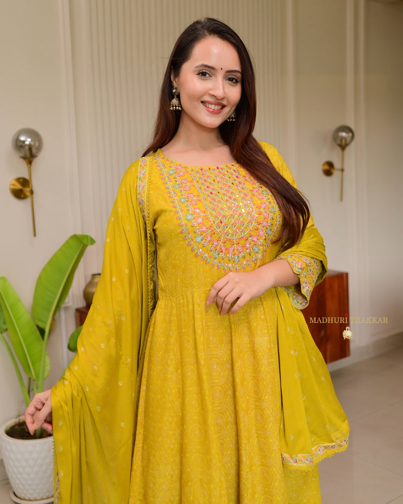 Yellow Threadwork Festive Anarkali Suit