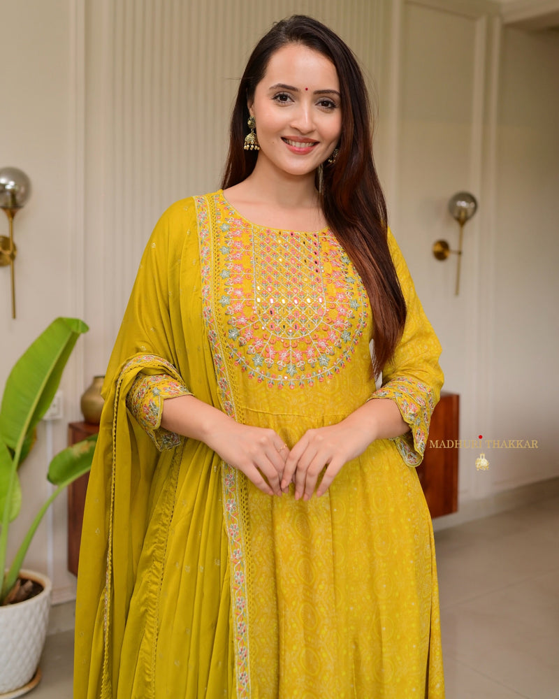 Yellow Threadwork Festive Anarkali Suit