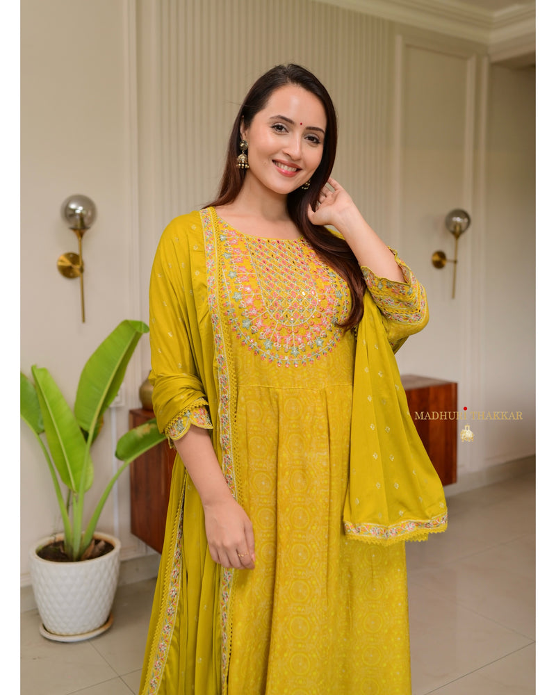 Yellow Threadwork Festive Anarkali Suit