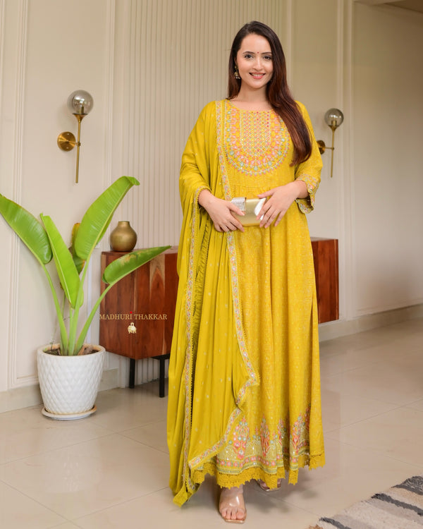 Yellow Threadwork Festive Anarkali Suit