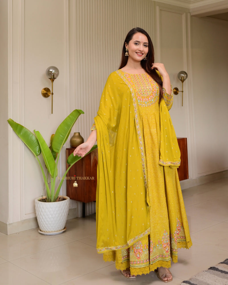 Yellow Threadwork Festive Anarkali Suit