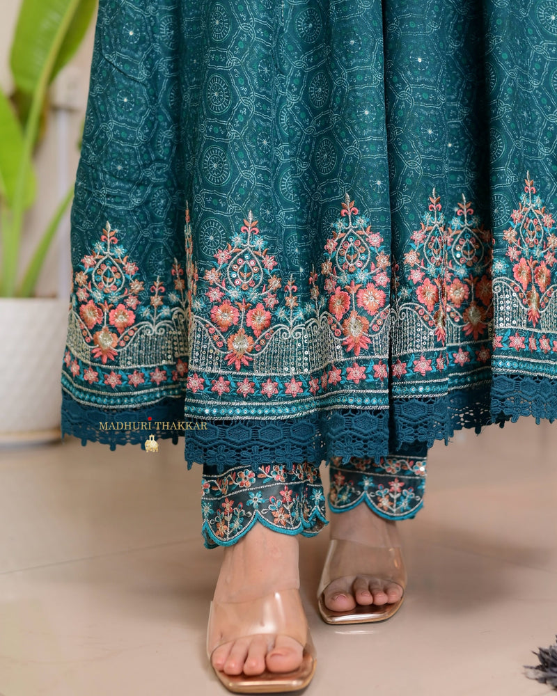 Teal Blue Threadwork Festive Anarkali Suit