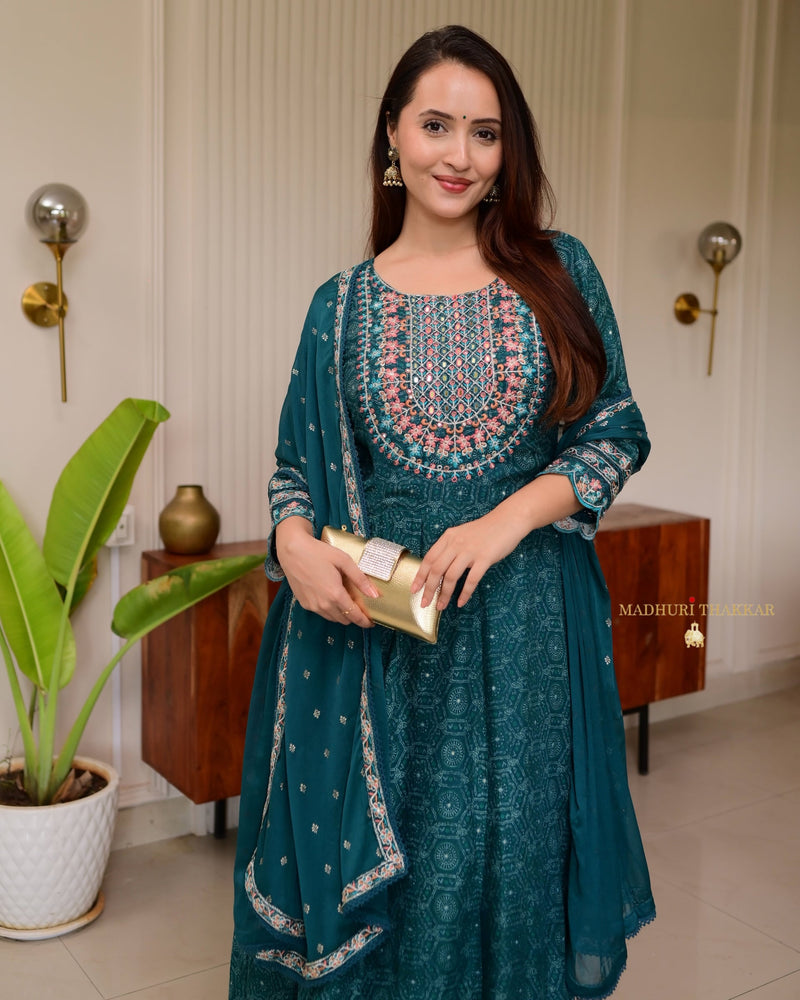 Teal Blue Threadwork Festive Anarkali Suit