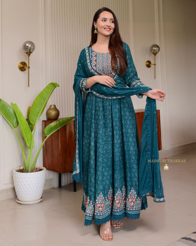 Teal Blue Threadwork Festive Anarkali Suit