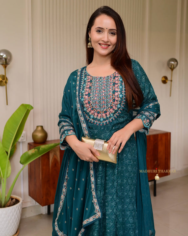 Teal Blue Threadwork Festive Anarkali Suit