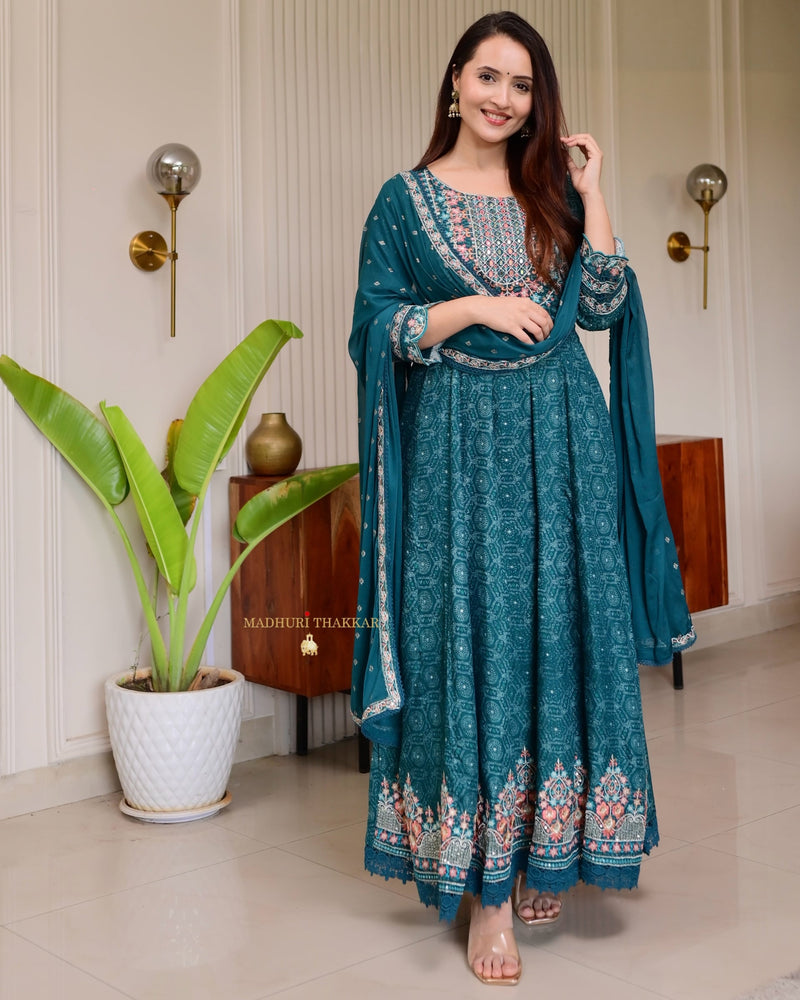 Teal Blue Threadwork Festive Anarkali Suit