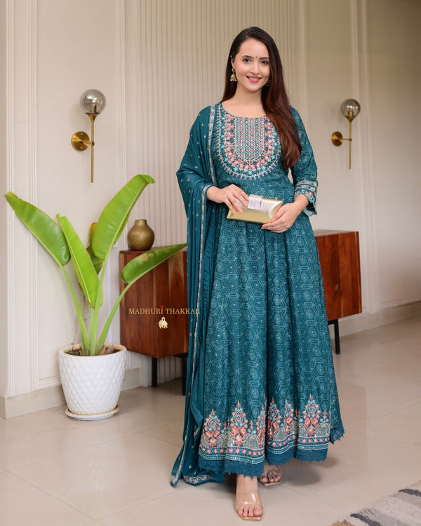 Teal Blue Threadwork Festive Anarkali Suit